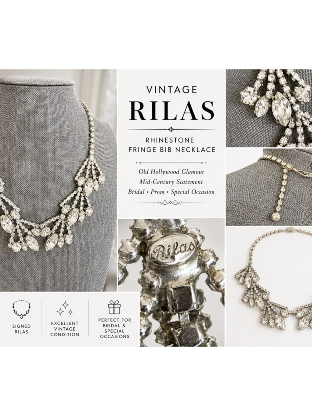 Vintage Signed Rilas Rhinestone Fringe Bib Necklace Art Deco Glam